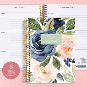 Personalized Planner 2024 - 6x9 Weekly Planner - 2024 Planner - Custom Agenda - Academic Planner - Gifts for Mom - Navy Blush Roses