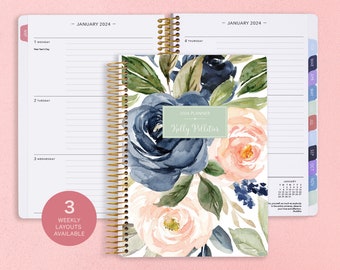 Personalized Planner 2024 - 6x9 Weekly Planner - 2025 Planner - Custom Agenda - Academic Planner - Gifts for Mom - Navy Blush Roses