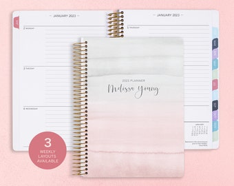 personalized planner 2023 | 12 month calendar | weekly planner 2023-2024 | custom agenda | gifts for mom | pink grey watercolor gradient