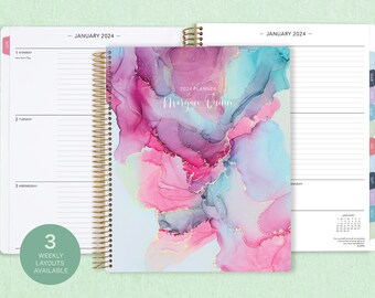 8.5x11 weekly planner 2024 2025 | 12 month calendar | LARGE WEEKLY PLANNER | pink blue abstract ink