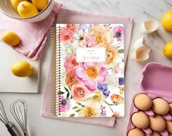 RECETARIO PERSONALIZADO, diario de cocina personalizado, recetas familiares, libro de recetas en blanco, registro de recetas - Florales coquetos y coloridos - Sin aranceles