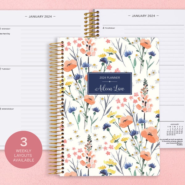 Personalized Planner 2024 - 12 Month Calendar - 6x9 Weekly Planner 2024-2025 - Custom Agenda - Gifts for Mom - Field Flowers Blue