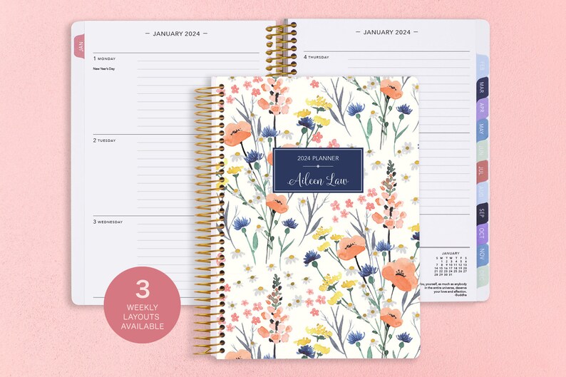 Personalized Planner 2024 12 Month Calendar 6x9 Weekly Planner 2024-2025 Custom Agenda Gifts for Mom Field Flowers Blue image 1