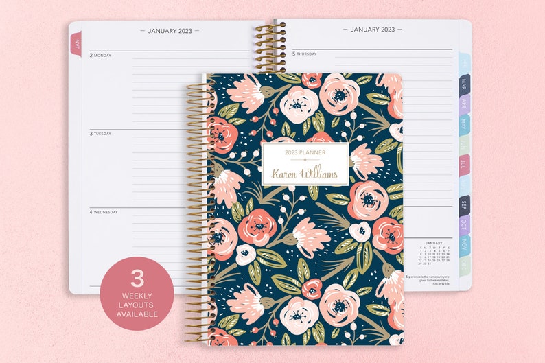 planner 2022 | 2022-2023 weekly planner | calendar student planner add monthly tabs | personalized agenda daytimer | navy pink gold floral 