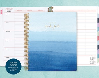 agenda pour enseignants 8,5 x 11 | Calendrier des cours 2024-2025 | agenda hebdomadaire pour les enseignants | agenda personnalisé pour professeur | bleu aquarelle ombré