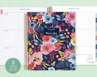 8.5x11 weekly planner  2024 2025 | choose your start month | 12 month calendar | LARGE WEEKLY PLANNER | navy pink blue watercolor floral