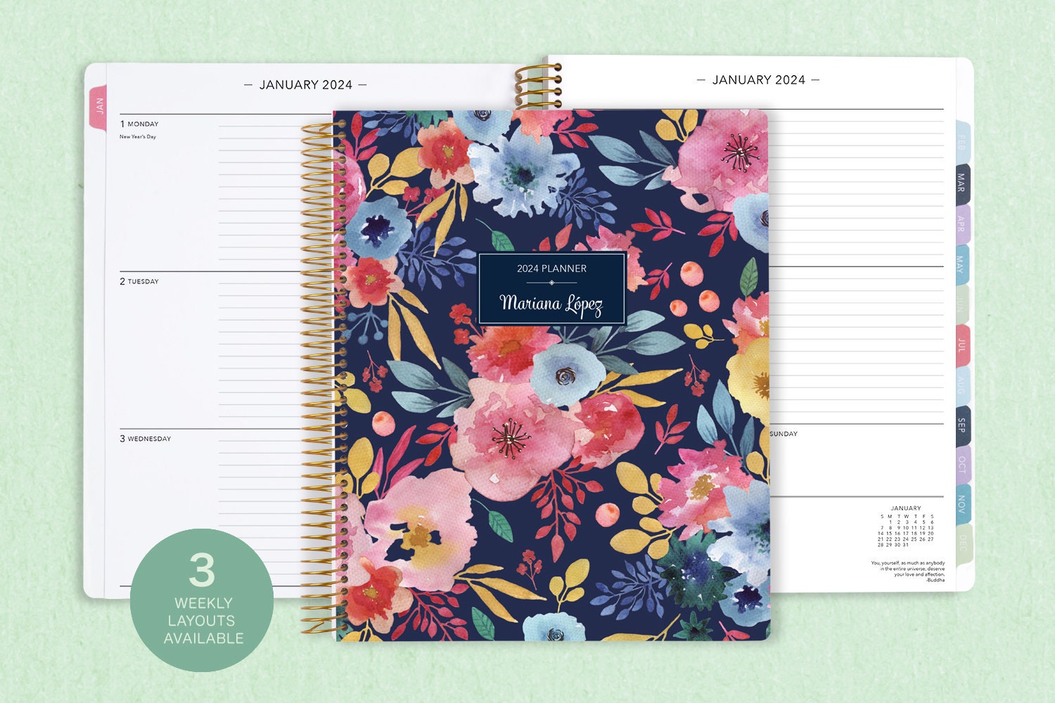 Personalized Planner 2024-2025 Calendar Add Monthly Tabs Custom Weekly  Planner 6x9 Planner Agenda Navy Watercolor Floral 