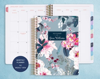 MONTHLY PLANNER notebook | 2024 2025 no weekly view | choose your start month | 12 month calendar | blue pink elegant floral