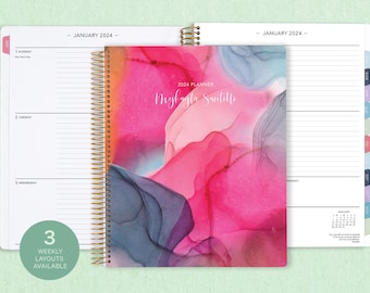 8.5x11 weekly planner  2024 2025 | choose your start month | 12 month calendar | LARGE WEEKLY PLANNER | bright pink gray flowing ink