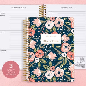 6x9 Planner 2024 2024-2025 Weekly Planner Calendar Student Planner Add Monthly Tabs Personalized Daytimer Navy Pink Gold Floral imagem 1