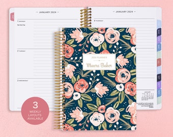 6x9 Planner 2024 - 2024-2025 Weekly Planner - Calendar Student Planner Add Monthly Tabs - Personalized Daytimer - Navy Pink Gold Floral