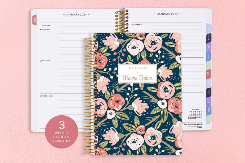 6x9 Planner 2024 2024-2025 Weekly Planner Calendar Student Planner Add Monthly Tabs Personalized Daytimer Navy Pink Gold Floral image 1