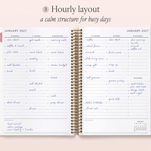 a spiral-bound notebook with a detailed hourly layout for a week in January, providing a calm structure for busy days.