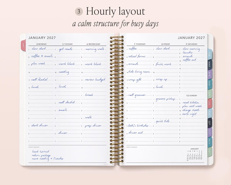a spiral-bound notebook with a detailed hourly layout for a week in January, providing a calm structure for busy days.