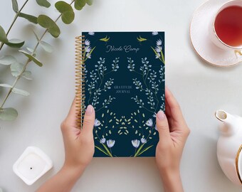 GRATITUDE JOURNAL | Daily Journal with Prompts | Affirmation Journal I Personalized Gratitude Journal | Flower Frame Blue | No Tariffs