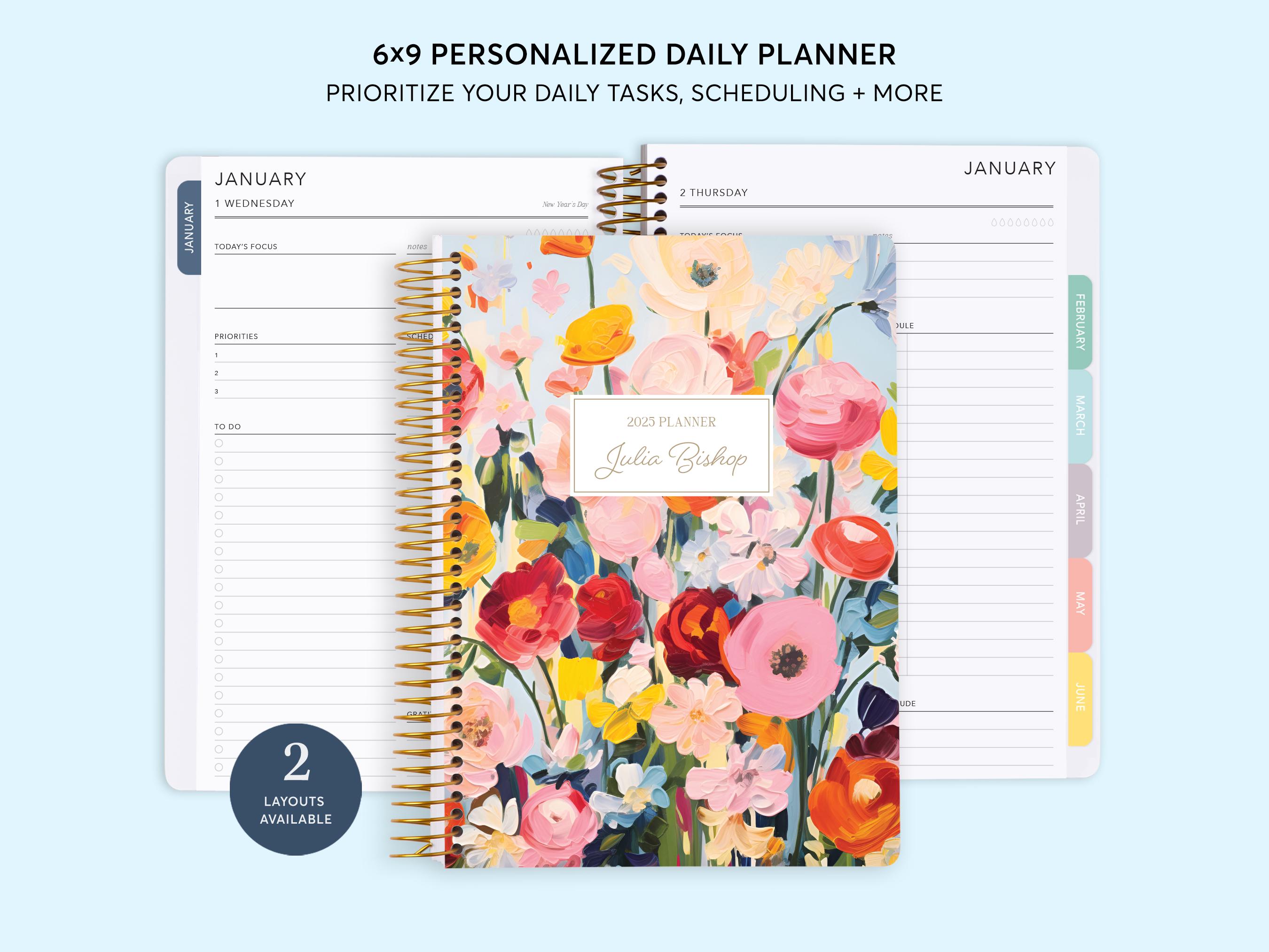 2025 DAILY PLANNER - Personalized Task Planner - 6x9 Hourly Planner - Blossom Dreams Colorful