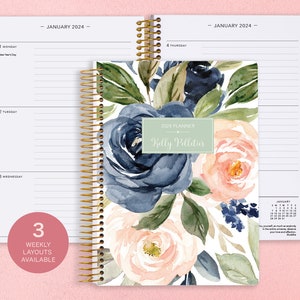 6x9 Planner 2024 - 2024-2025 Weekly Planner - Calendar Student Planner - Work Planner - Personalized Agenda Daytimer - Navy Blush Roses