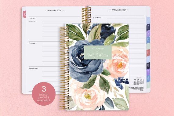 6x9 Planner 2024 2024-2025 Weekly Planner Calendar Student Planner Work  Planner Personalized Agenda Daytimer Navy Blush Roses 