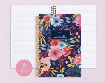 NOTEBOOK personalized journal | lined journal | travel journal | personalized gift | spiral notebook | blue pink navy watercolor floral