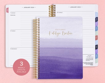 6x9 Agenda 2023 - Personalized Planner - 12 Month Planner - Add Monthly Tabs - Custom Weekly Planner - Daytimer - Purple Watercolor Ombré