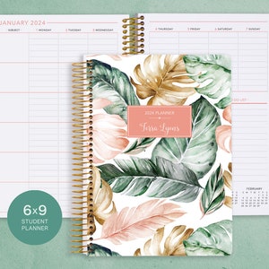 STUDENT PLANNER 6x9 2024-2025 calendar | personalized weekly academic planner | choose your start month | blush gold tropical