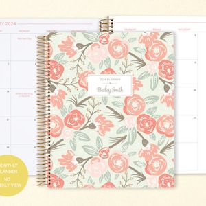 8.5x11 MONTHLY PLANNER notebook | 2024 2025 no weekly view | choose your start month | 12 month calendar | sage pink gold floral