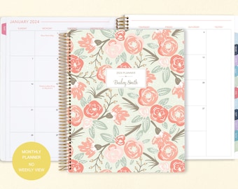 8.5x11 MONTHLY PLANNER notebook | 2024 2025 no weekly view | choose your start month | 12 month calendar | sage pink gold floral