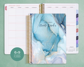 STUDENT PLANNER 6x9 2024-2025 calendar | personalized weekly academic planner | choose your start month | aqua gold abstract ink