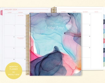 8.5x11 MONTHLY PLANNER notebook | 2024 2025 no weekly view | choose your start month | 12 month calendar | multi-color flowing ink