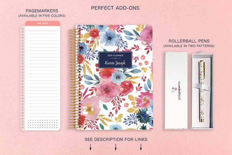 Weekly Planner 2024 2025 6x9 Custom Planner 12 Month Planner 2024 Diary 2025 Agenda Daytimer Pink Blue White Watercolor Floral image 9