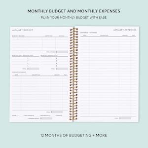 May include: A monthly budget planner with a spiral binding. The left page is for tracking income and expenses, while the right page is for tracking variable expenses. The planner is labeled "January Budget" and "January Expenses".