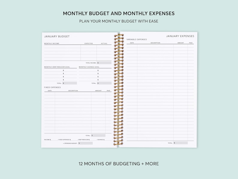 May include: A monthly budget planner with a spiral binding. The left page is for tracking income and expenses, while the right page is for tracking variable expenses. The planner is labeled "January Budget" and "January Expenses".