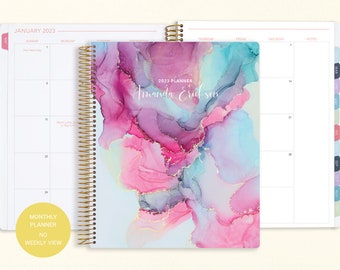8.5x11 MONTHLY PLANNER notebook | 2023 2024 no weekly view | choose your start month | 12 month calendar | pink blue abstract ink