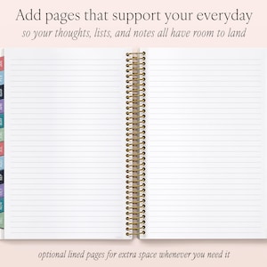 an open spiral-bound notebook with blank lined pages, accompanied by text instructions on how to add pages to the notebook to support everyday thoughts, lists, and notes.