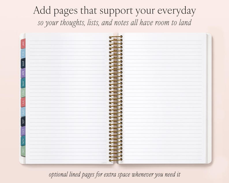 an open spiral-bound notebook with blank lined pages, accompanied by text instructions on how to add pages to the notebook to support everyday thoughts, lists, and notes.