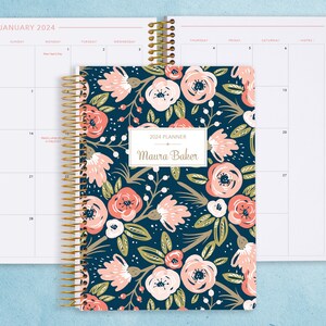 MONTHLY PLANNER | 2024 2025 no weekly view | choose your start month | 12 month calendar monthly tabs personalized | pink navy gold floral