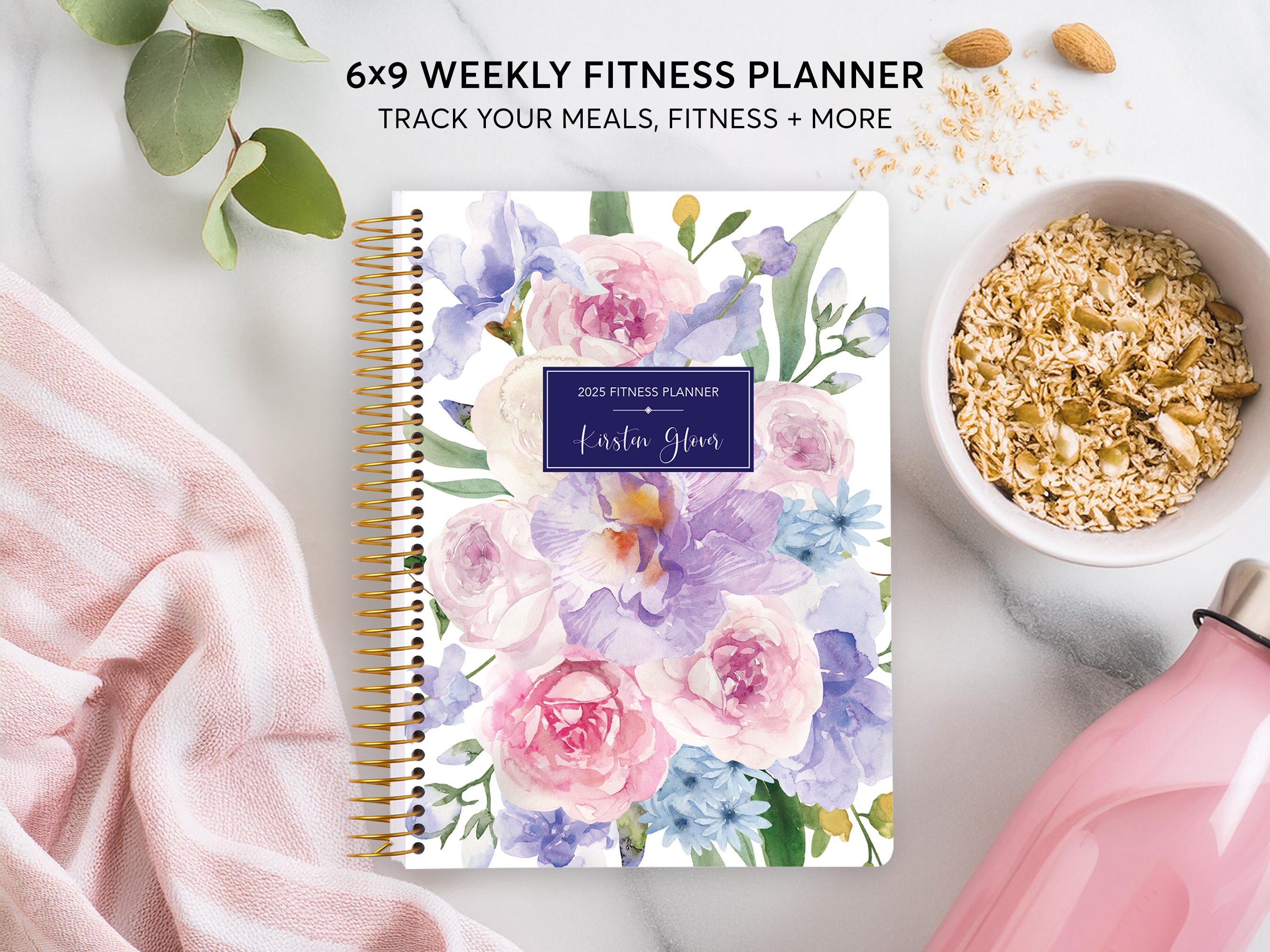 Fitness Planner Book, Weekly Fitness Planner, Personalized Weight Loss Tracker 2025-2026, 6x9 Flirty Florals Mauve