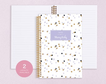 personalized NOTEBOOK | lined journal | travel journal | personalized gift | spiral notebook | purple lavender gold confetti