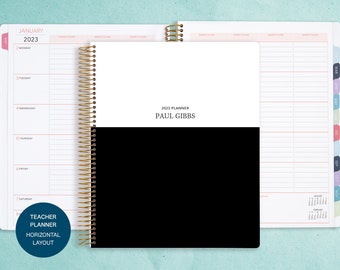 Agenda pédagogique horizontal 2024-2025 8,5 x 11 pour homme | Agenda hebdomadaire pour les enseignants | Agenda personnalisé pour l'enseignant | bloc de couleur noir blanc