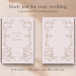 May include: Two wedding planners with a light pink cover and gold spiral binding. The cover features a floral design and the names "Jessica and Thomas". The planner is 6x9 inches and has 250 pages.
