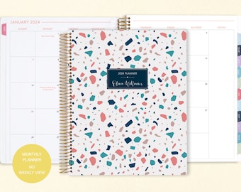 8.5x11 MONTHLY PLANNER notebook | 2024 2025 no weekly view | choose your start month | 12 month calendar | pink teal terrazzo