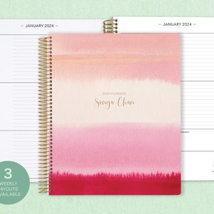 8.5x11 weekly planner  2024 2025 | choose your start month | 12 month calendar | LARGE WEEKLY PLANNER | pink watercolor gradient