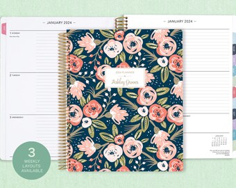 8.5x11 weekly planner  2024 2025 | choose your start month | 12 month calendar | LARGE WEEKLY PLANNER | navy pink gold floral