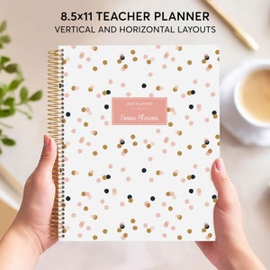 May include: An 8.5x11 inch teacher planner with a gold spiral binding. The cover features a confetti pattern with pink, gold, and black dots on a white background. The planner has a pink label that says "2024 Planner" and "Emma Stevens".