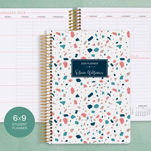 STUDENT PLANNER 6x9 2024-2025 calendar | personalized weekly academic planner | choose your start month | pink teal terrazzo