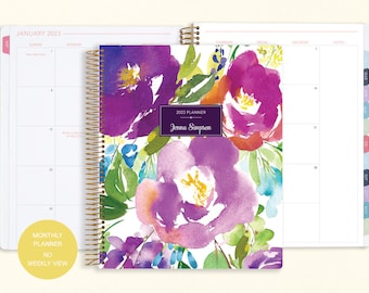 8.5x11 MONTHLY PLANNER notebook | 2024 2025 no weekly view | choose your start month | 12 month calendar | violet watercolor floral