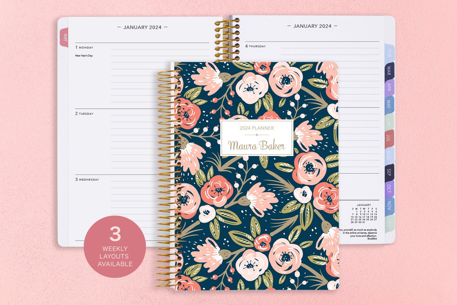 2024 Personalized Planner 6x9 Calendar 2024 2025 Choose Start Month Add  Monthly Tabs Academic Planner Navy Pink Gold Floral 