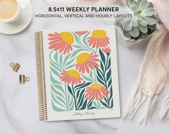 8.5x11 personalized weekly planner  2026 2027 - custom start month - LARGE WEEKLY PLANNER - Artful Flowers Pink Green Orange - No Tariffs