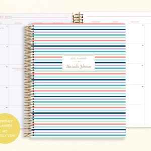 8.5x11 MONTHLY PLANNER notebook | 2024 2025 no weekly view | choose your start month | 12 month calendar | small colorful stripes