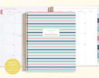 8.5x11 MONTHLY PLANNER notebook | 2024 2025 no weekly view | choose your start month | 12 month calendar | small colorful stripes